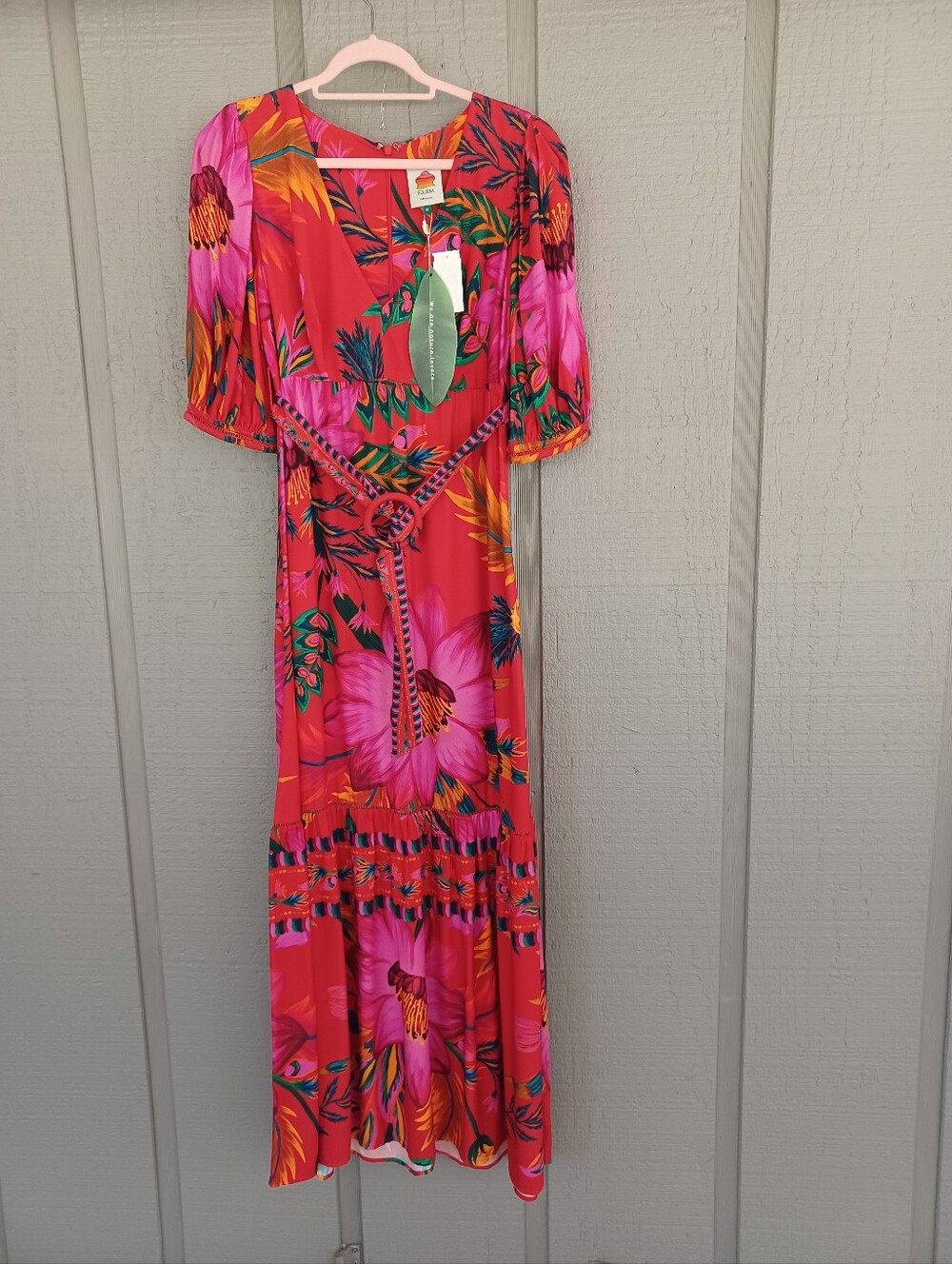 Farm Rio Maxi Flowers Maxi Dress Size M Women Boho Belted Viscose V Neck